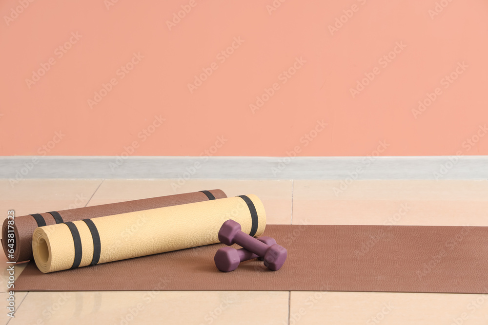 Dumbbells with fitness mats near pink wall in gym