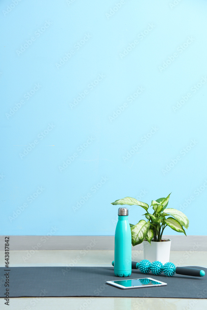 Tablet computer with bottle, massage roller and plant on fitness mat in gym