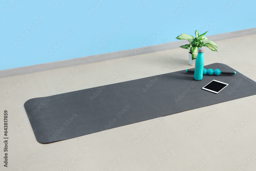 Tablet computer with bottle, massage roller and plant on fitness mat in gym