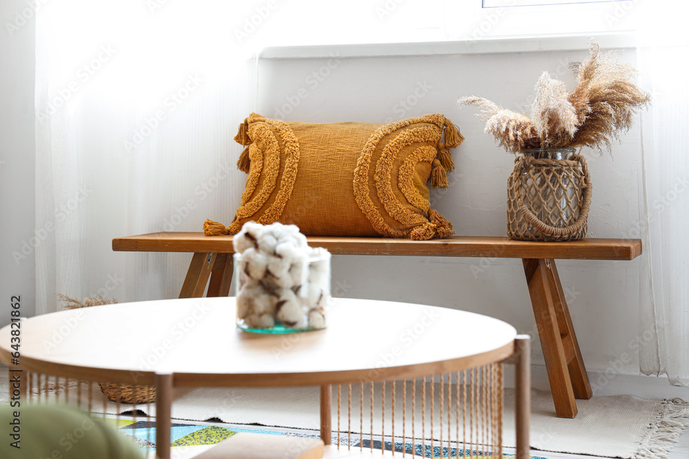 Vase with pampas grass and pillow on wooden bench in living room