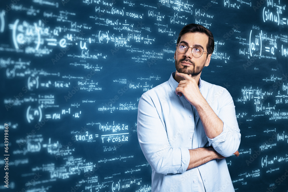 Attractive thoughtful young european businessman with glowing digital math formulas hologram on blur