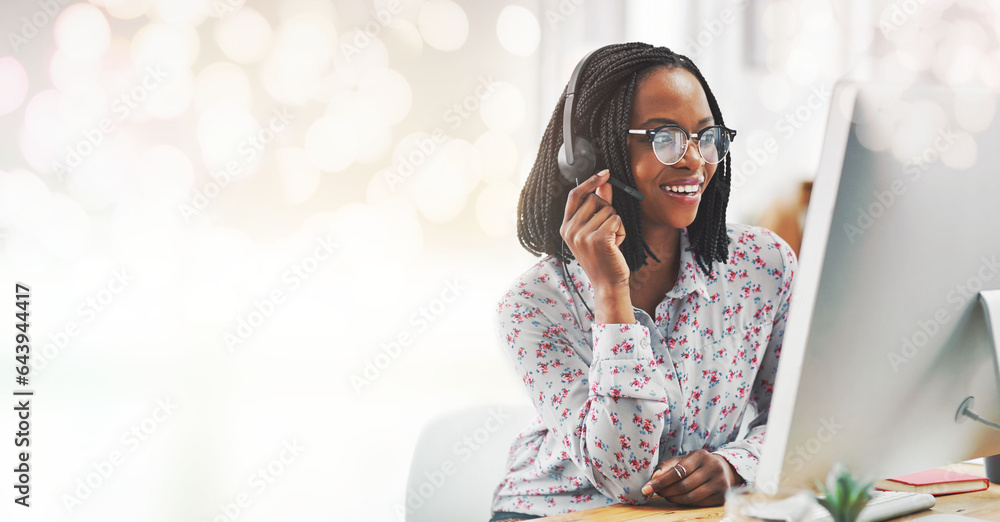 Business, telemarketing and black woman with a computer, mockup or call center with help desk, conne