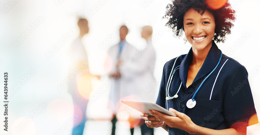 Portrait, black woman and doctor with a tablet, smile and bokeh with mockup, connection and typing. 