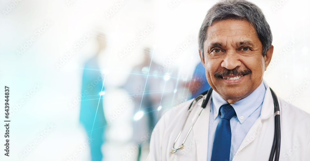 Healthcare, portrait and senior man doctor at hospital with overlay for medical, help or care with a