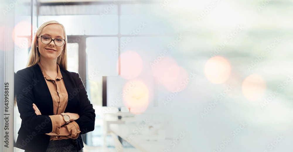 Arms crossed, mockup or portrait of businesswoman with smile, confidence or mission for development.