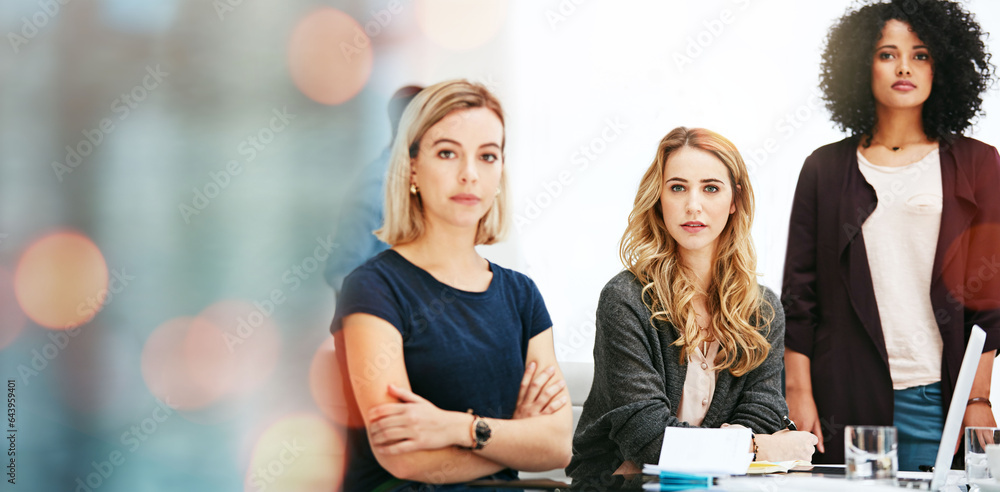 Mockup, office and portrait of business women at desk for teamwork, partnership and collaboration. C