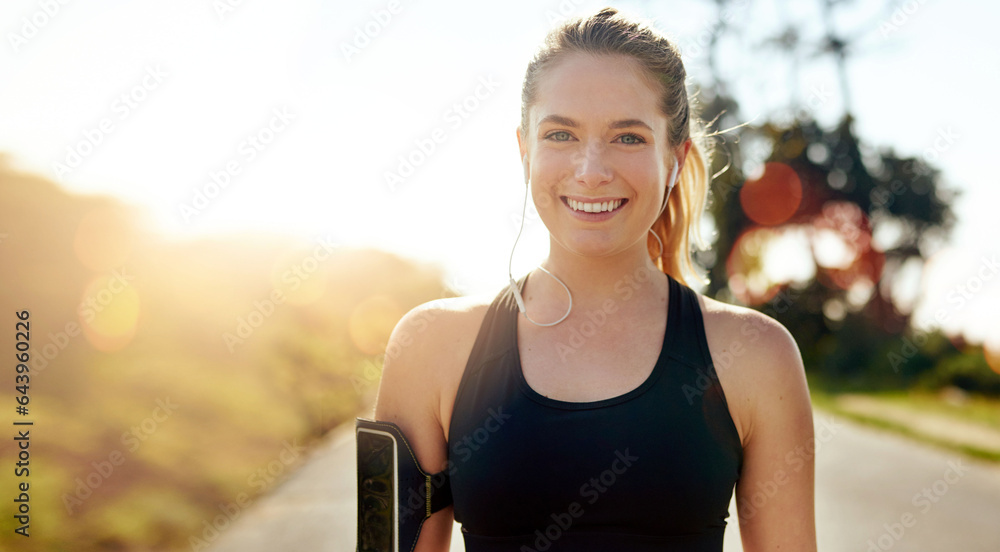 Fitness, portrait and happy woman with earphones outdoor on road at sunrise, training workout or exe