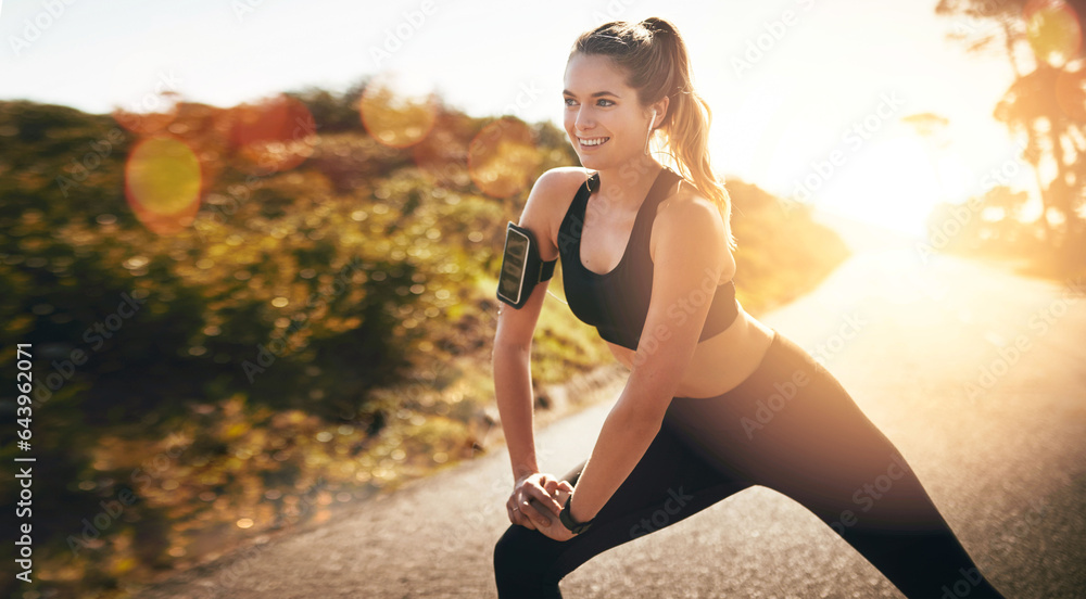 Road, runner or happy woman stretching legs in running exercise, workout or fitness training. Smile,