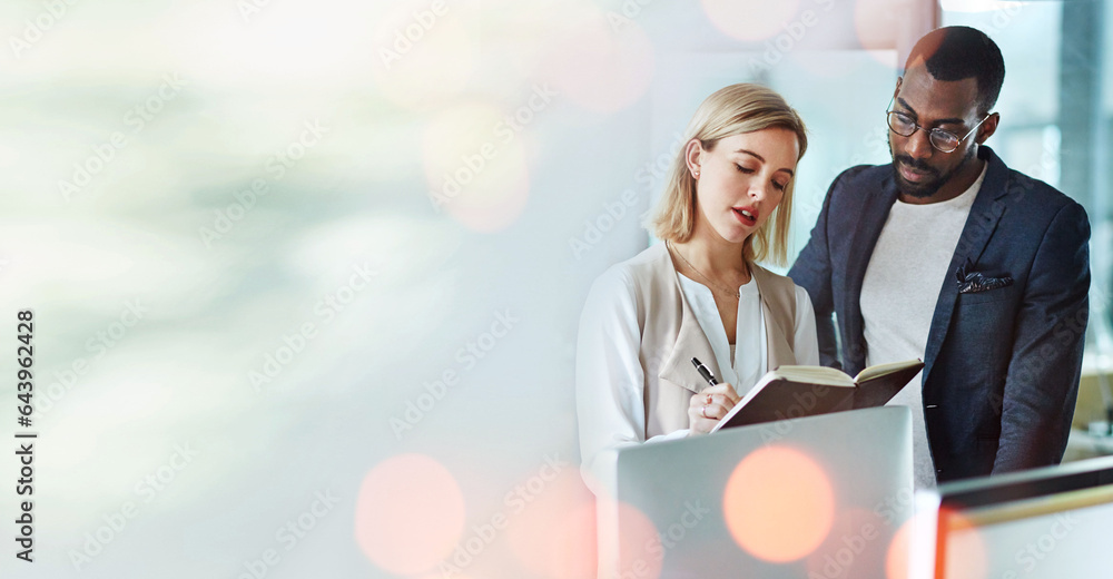 Mockup, business team or black man with woman in office writing a schedule list or planning in diary