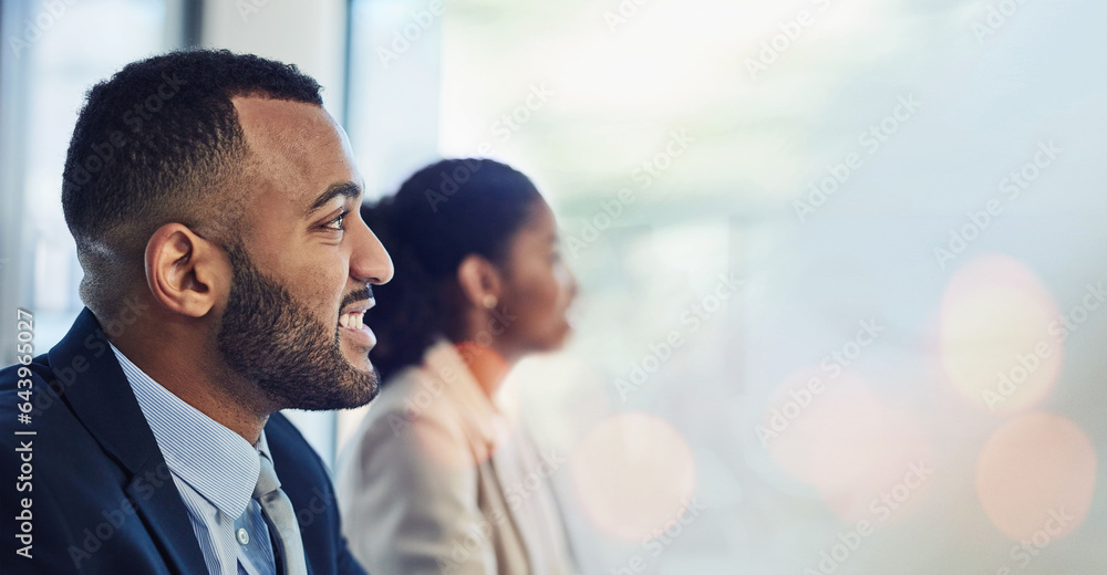 Face, smile and a business man in a conference for training or coaching during a workshop in the off