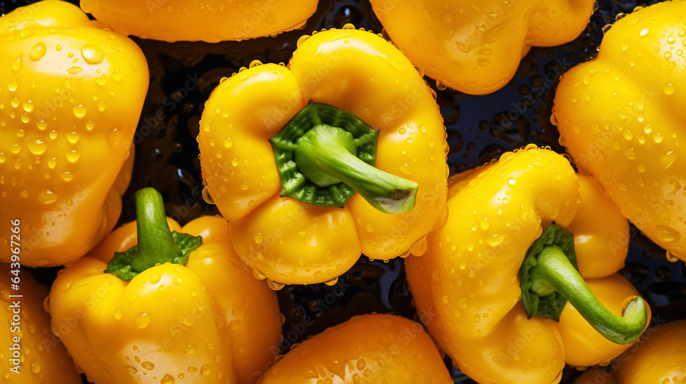 Fresh yellow bell peppers with water drops background. Vegetables backdrop. Generative AI