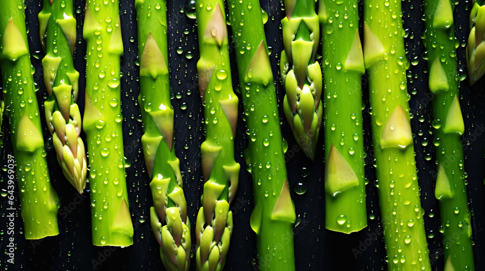 Fresh green asparagus with water drops background. Vegetables backdrop. Generative AI