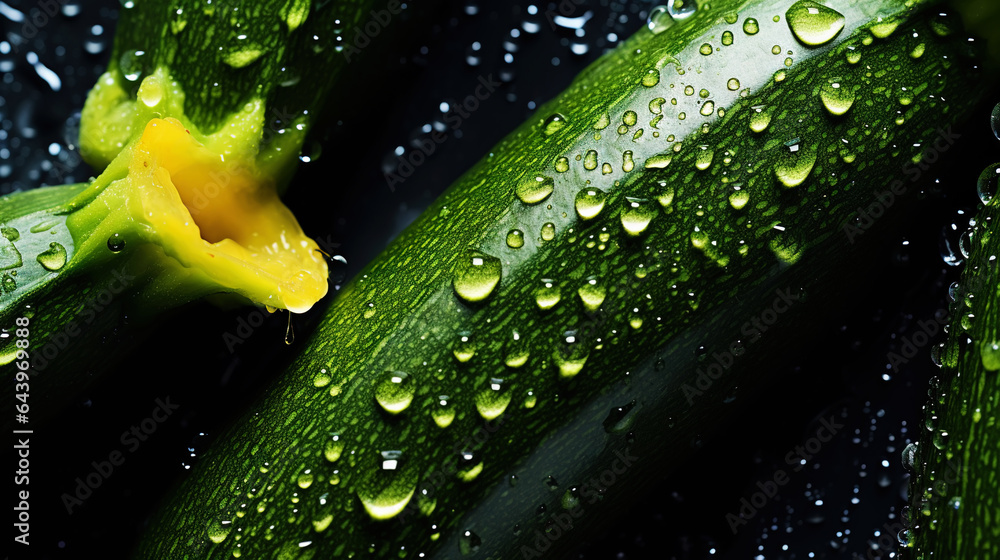 Freshgreen zucchini or courgettes with water drops background. Vegetables backdrop. Generative AI