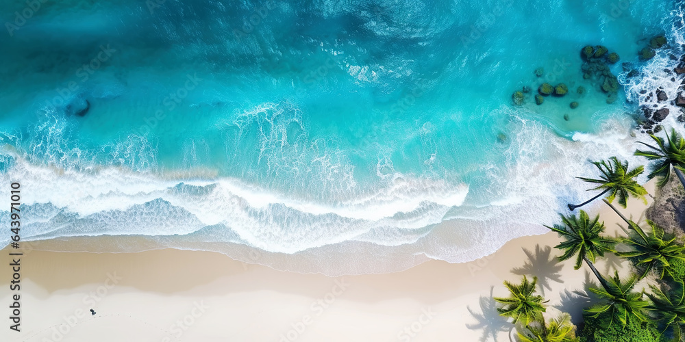 Aerial top view on sand ocean beach with palm trees. Summer vacation paradise concept. Generative AI