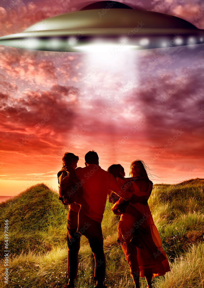 Back, alien and flying ufo with a family outdoor in nature together during an invasion or spaceship 