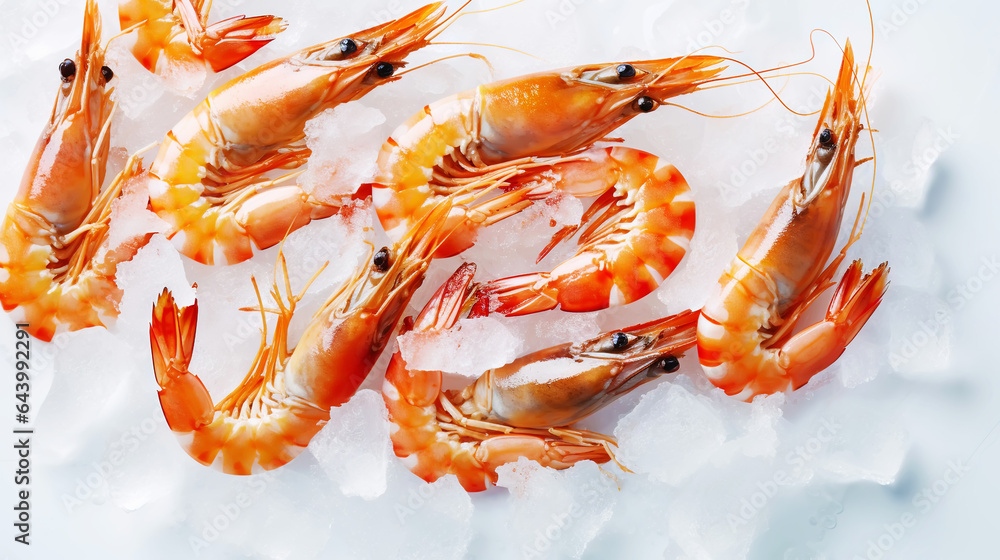 Top view of raw whole king prawns on ice. Seafood background. Generative AI