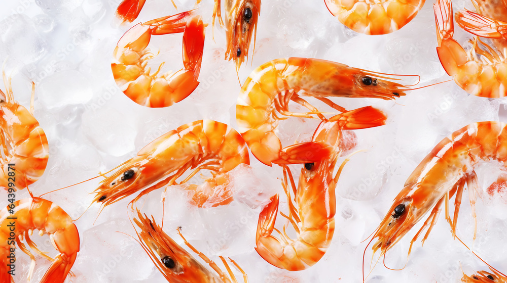 Top view of raw whole shrimps on ice. Seafood background. Generative AI