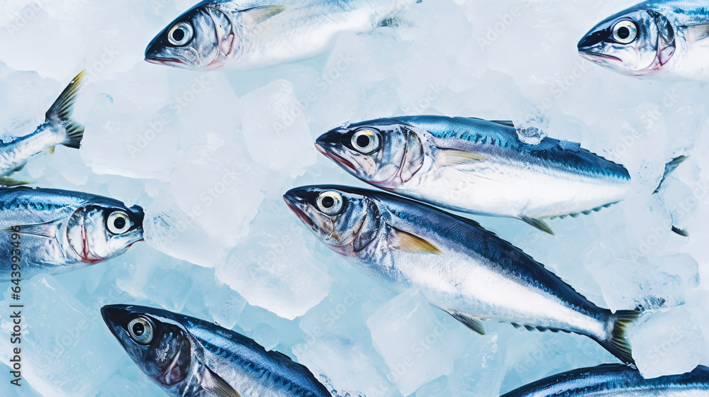  Fresh sardines on ice. Seafood background. Generative AI