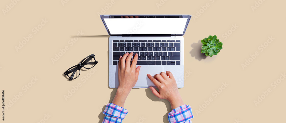 Person using a laptop computer from above