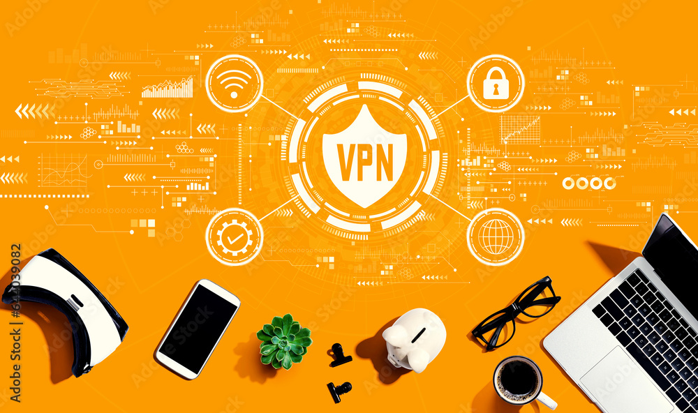 VPN concept with electronic gadgets and office supplies - flat lay