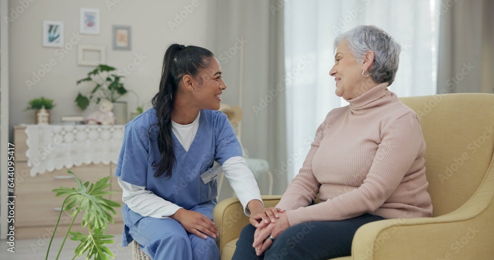 Holding hands, support and happy with nurse with old woman on sofa for empathy, medical and trust. H