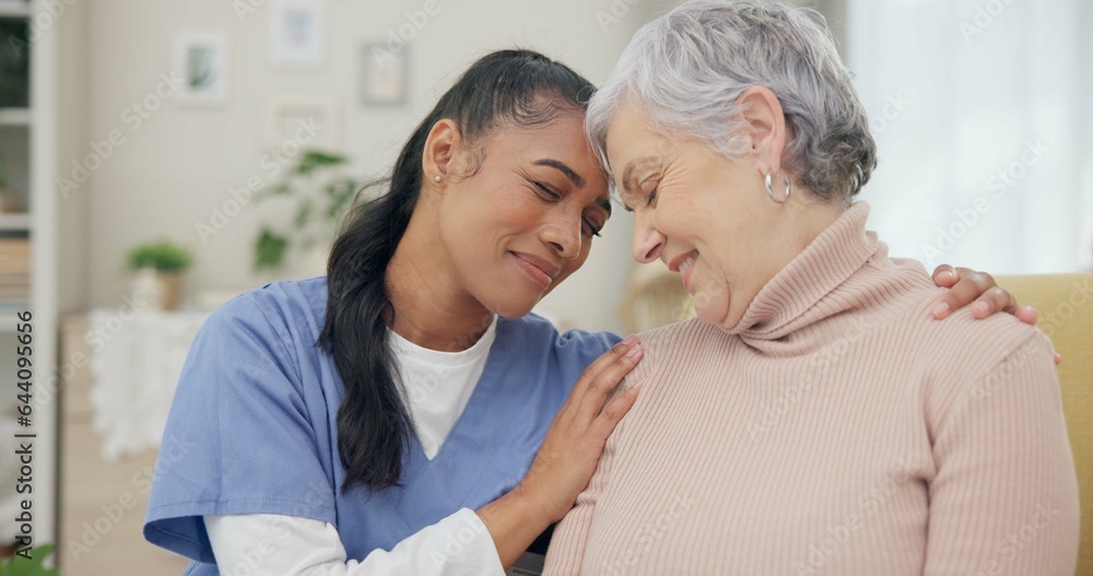 Medical, support and happy with nurse with old woman on sofa for empathy, volunteer and trust. Healt