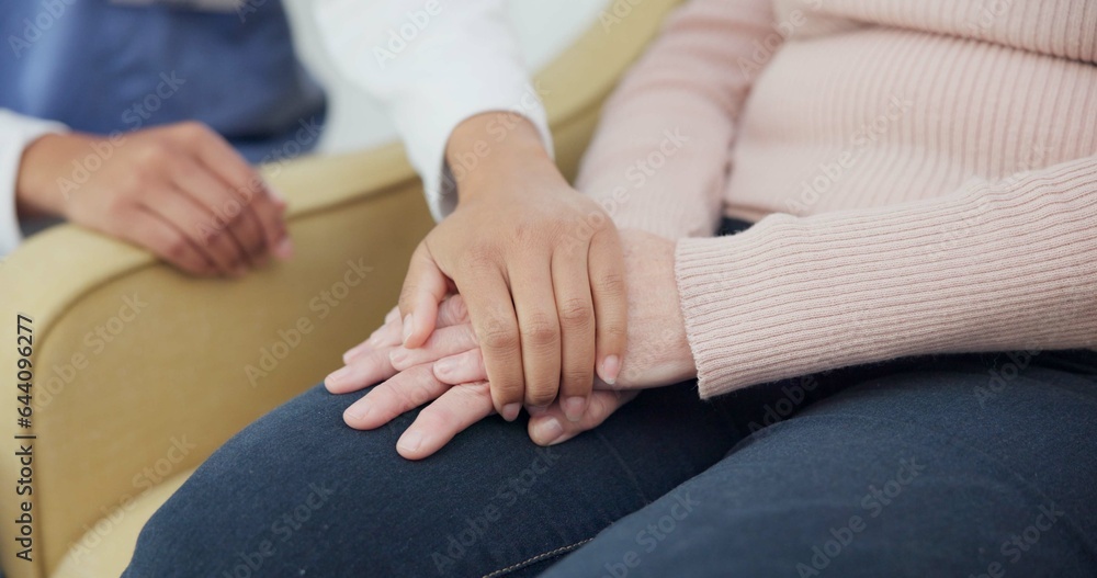 Medical, support and holding hands with nurse with old woman on sofa for empathy, closeup and trust.