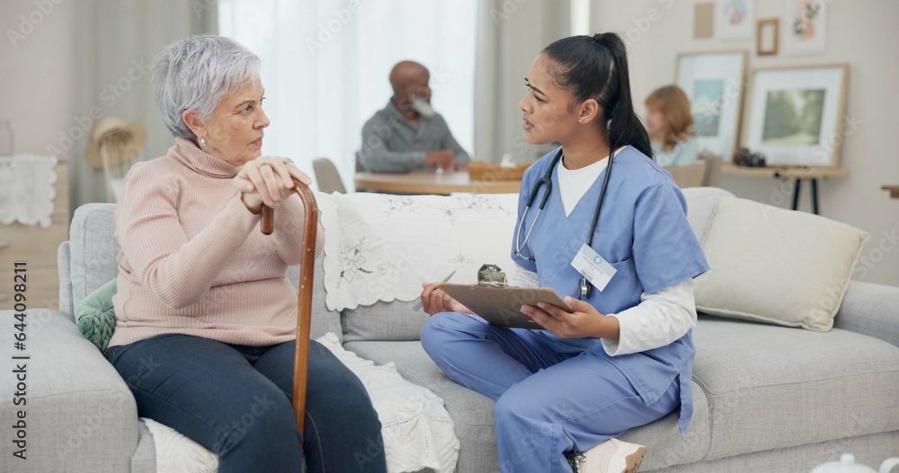 Healthcare, consultation and nurse with senior woman in the living room of the retirement home. Medi