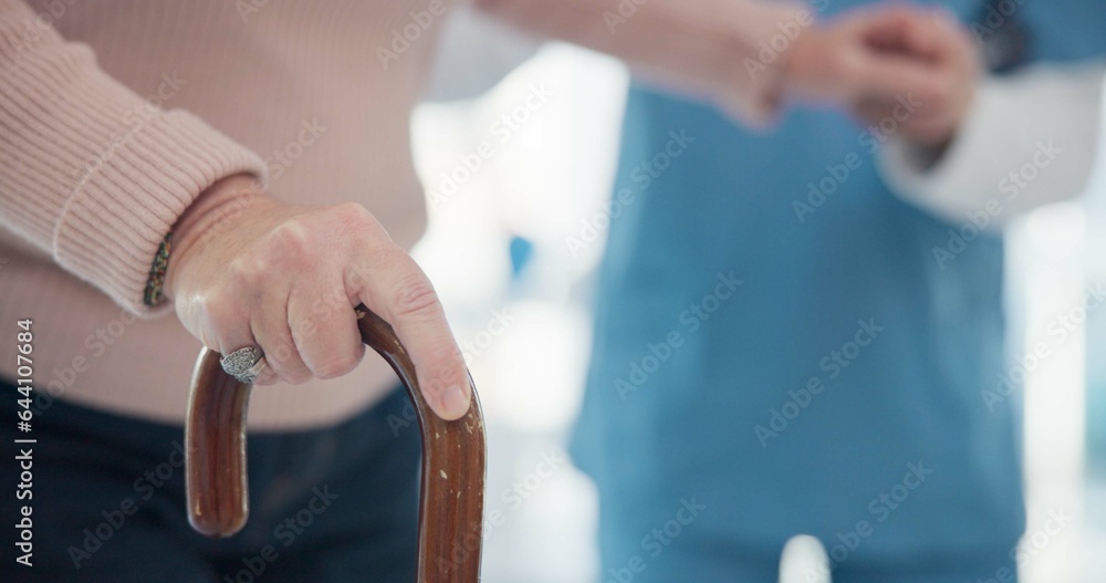 Nurse, disabled and old person hands with walking stick for support, elderly care or movement disabi