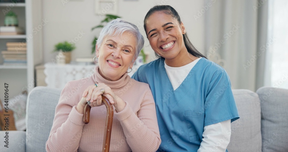 Caregiver portrait, disabled and elderly woman with walking stick for support, help or old age movem