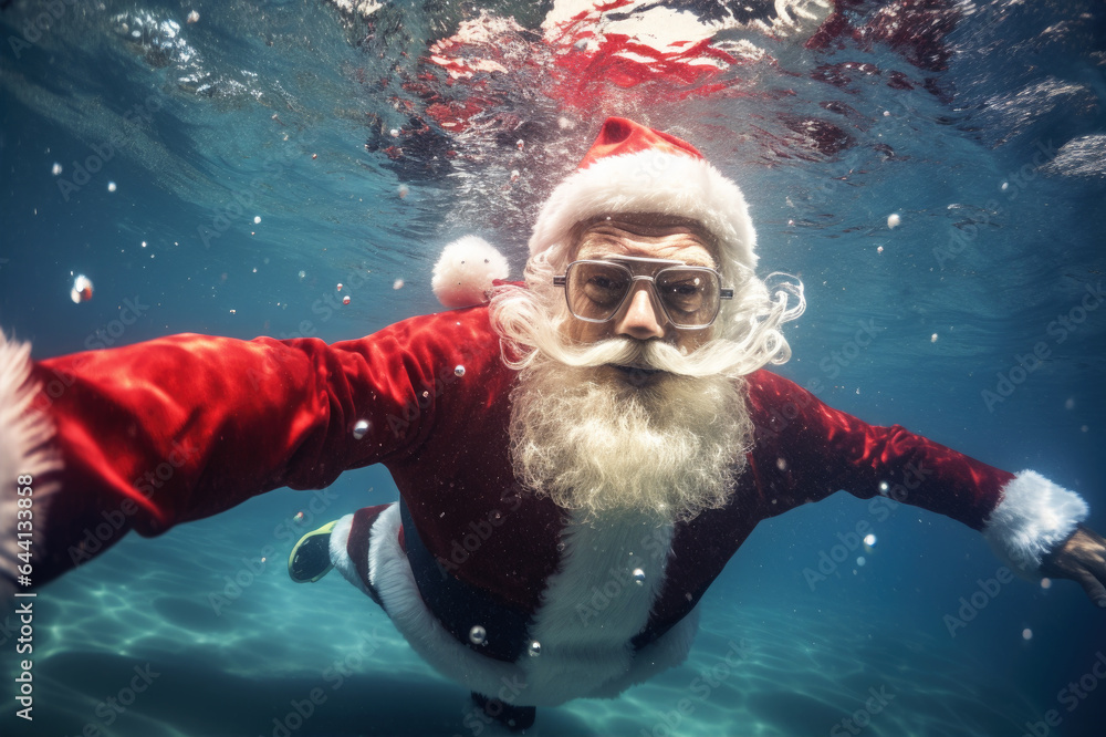 Santa Claus diving and swimming underwater. Santa on vacations, holidays