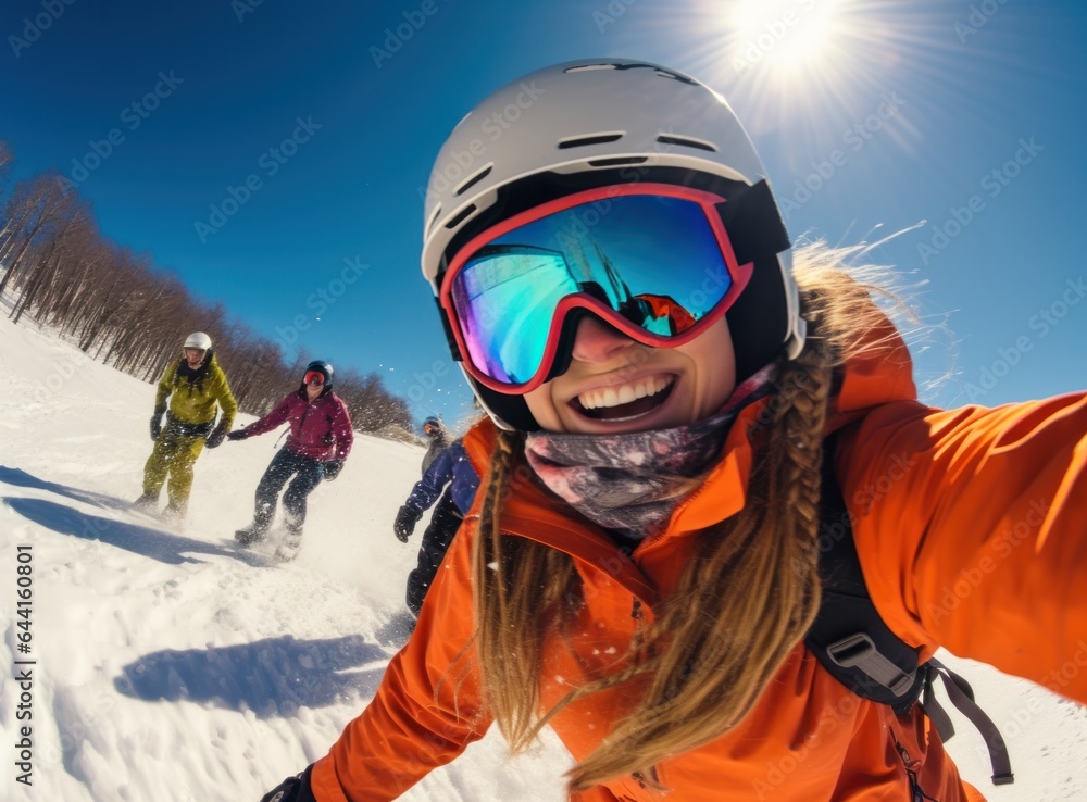 A woman wearing an orange jacket is selfieing on a snowy slope