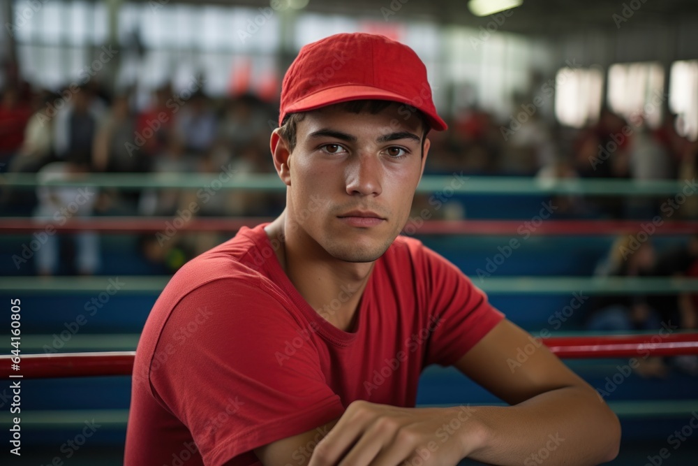 Young man in red baseball cap inside a boxing ring