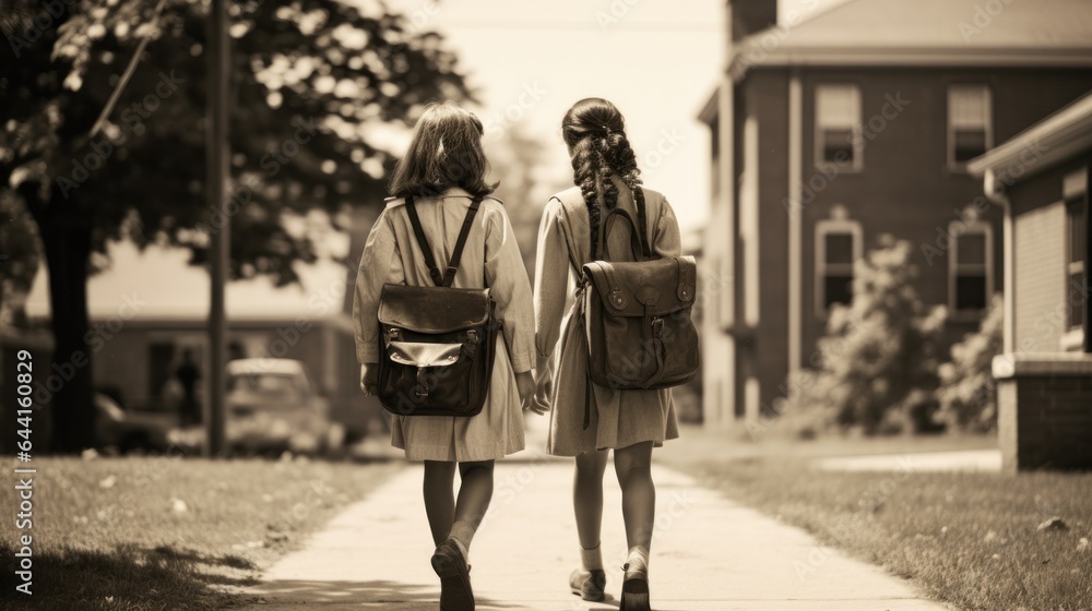 Two young girls are walking with their backpacks