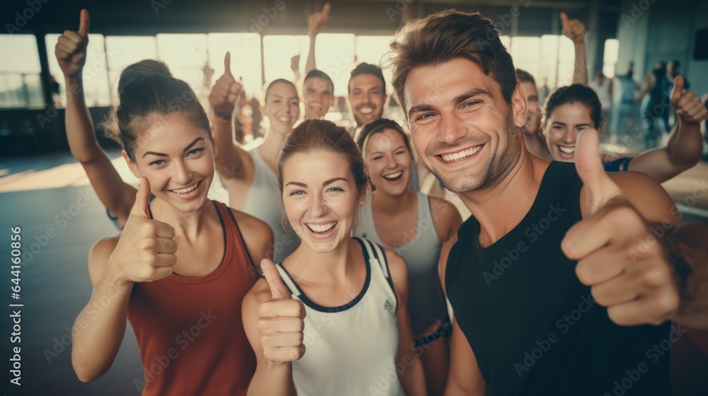 Sports club at work with some young people holding thumbs up