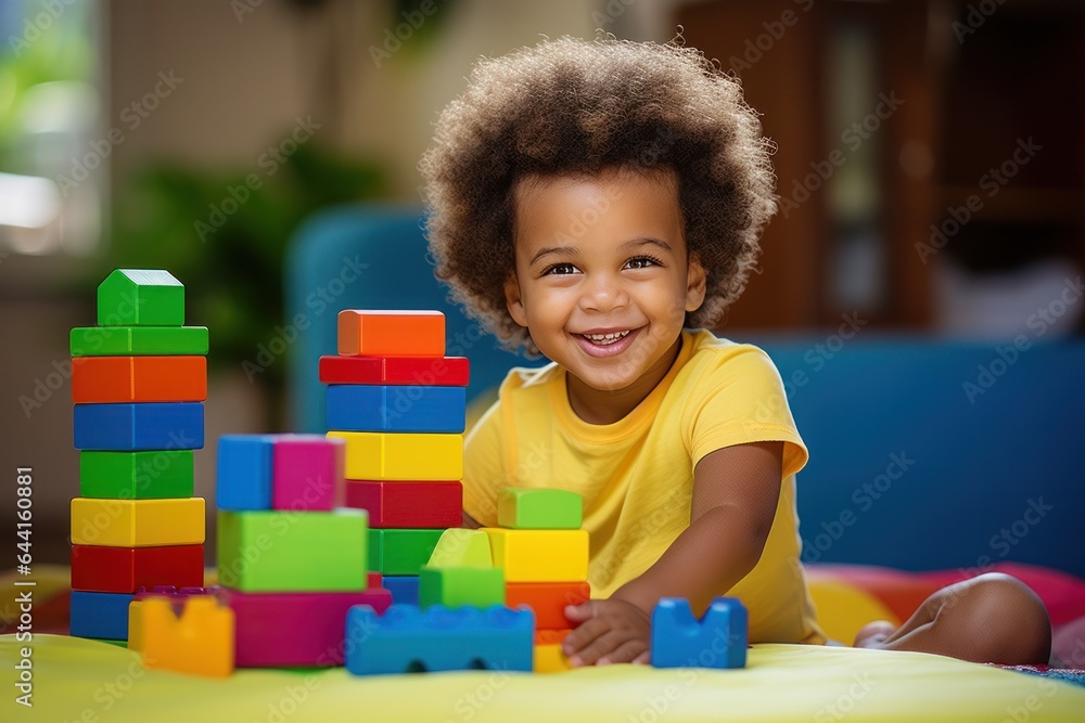 Cute kid in the living room building with blocks in the room