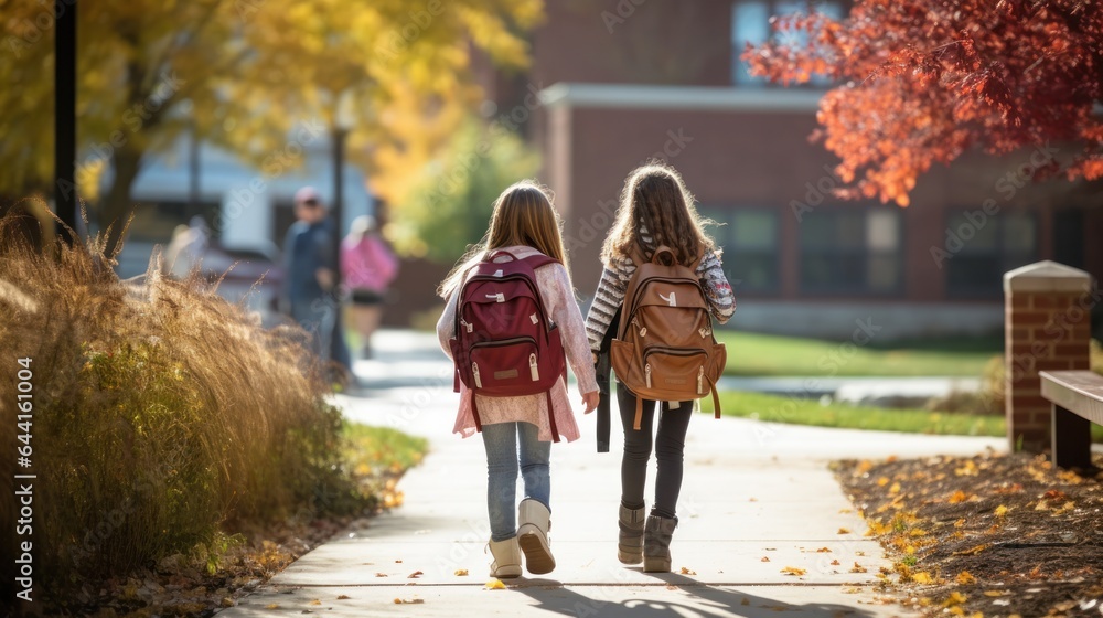 Two young girls are walking with their backpacks