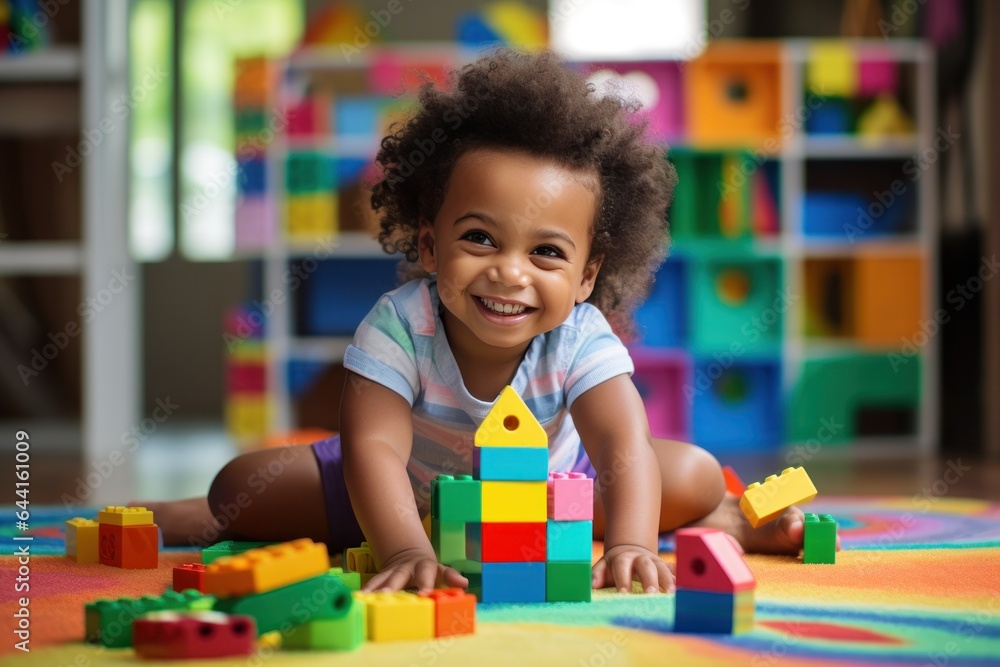 Cute kid in the living room building with blocks in the room