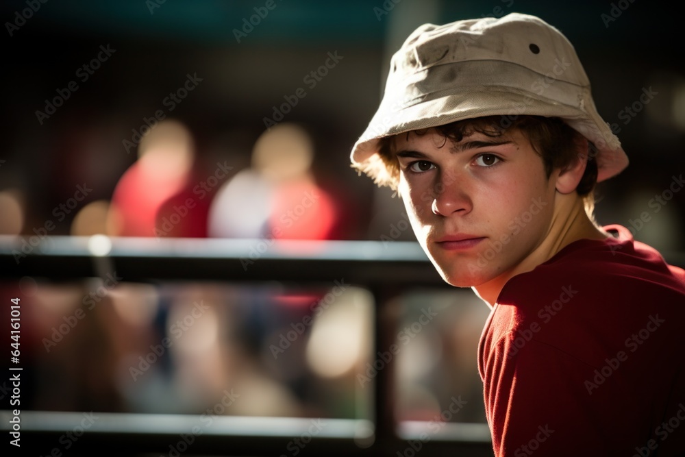 Young man in red baseball cap inside a boxing ring