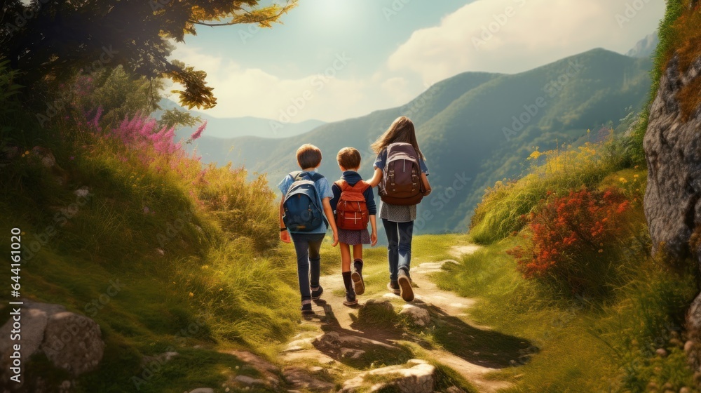 Children walking on a path carrying backpacks