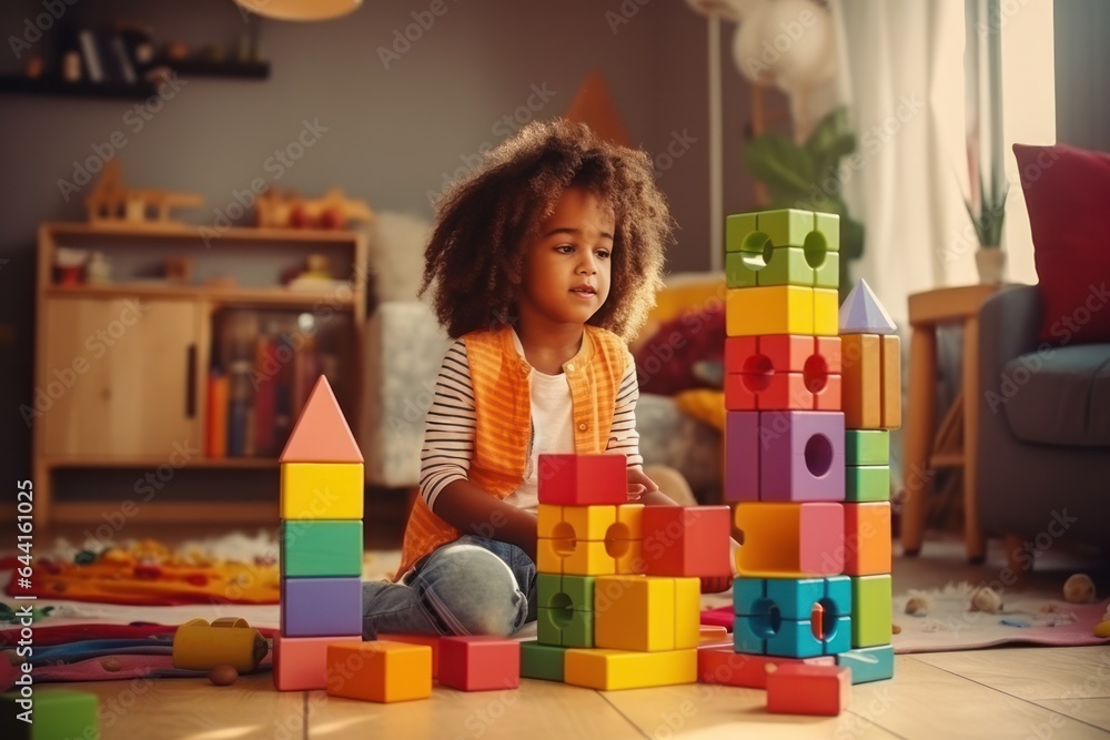 Cute kid in the living room building with blocks in the room