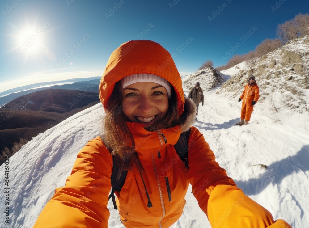 A woman wearing an orange jacket is selfieing on a snowy slope