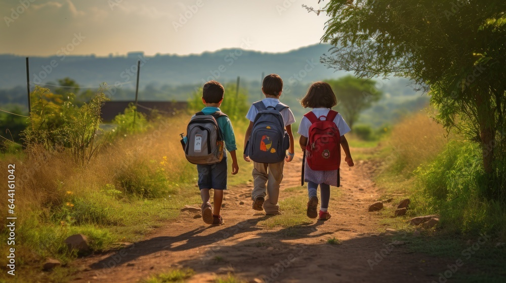 Children walking on a path carrying backpacks