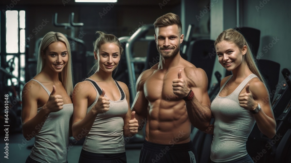 A group of happy people posing in a gym