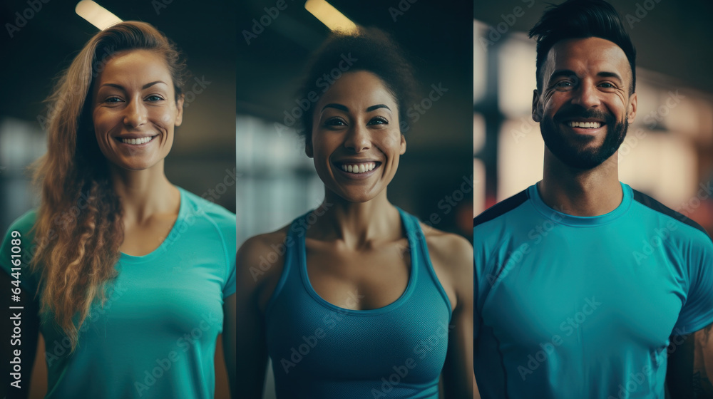 A group of happy people posing in a gym