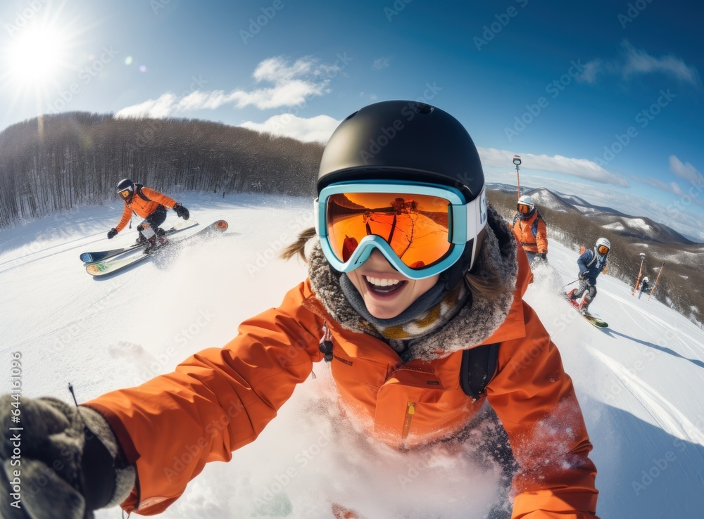 A woman wearing an orange jacket is selfieing on a snowy slope