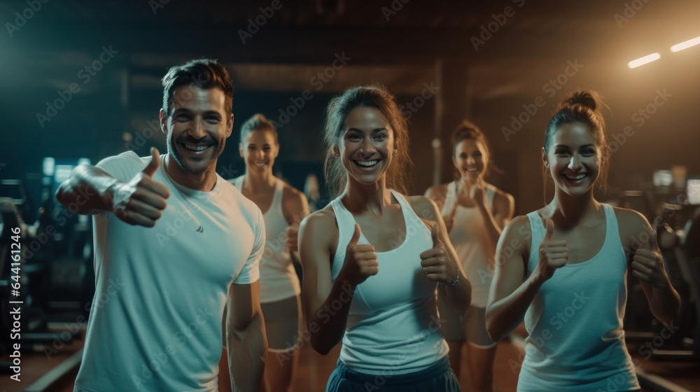 A group of happy people posing in a gym