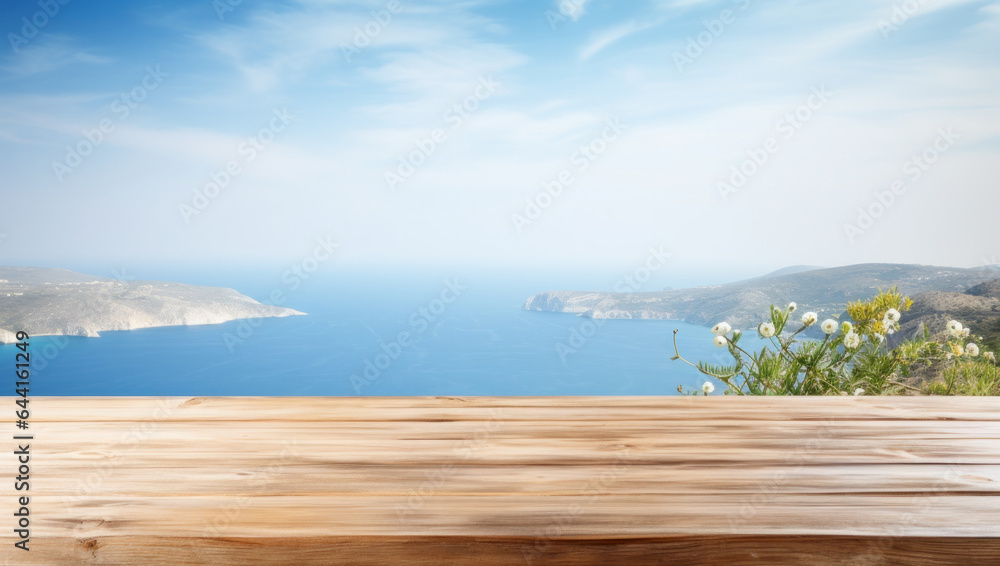 Beautiful scenery of the sea with wooden table on the beach