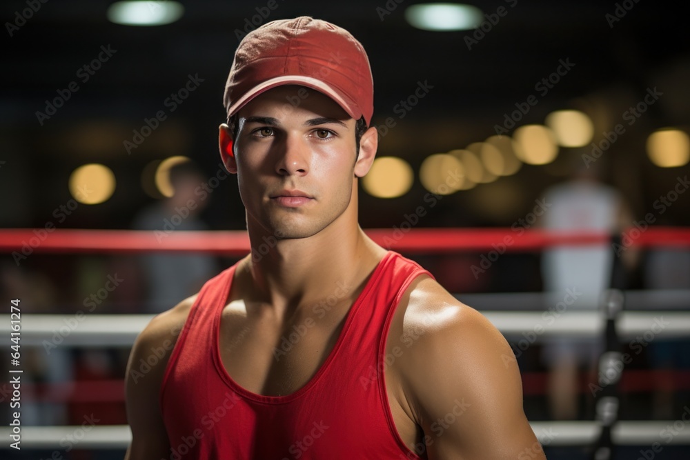 Young man in red baseball cap inside a boxing ring