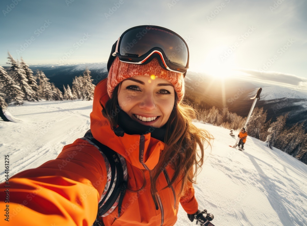 A woman wearing an orange jacket is selfieing on a snowy slope